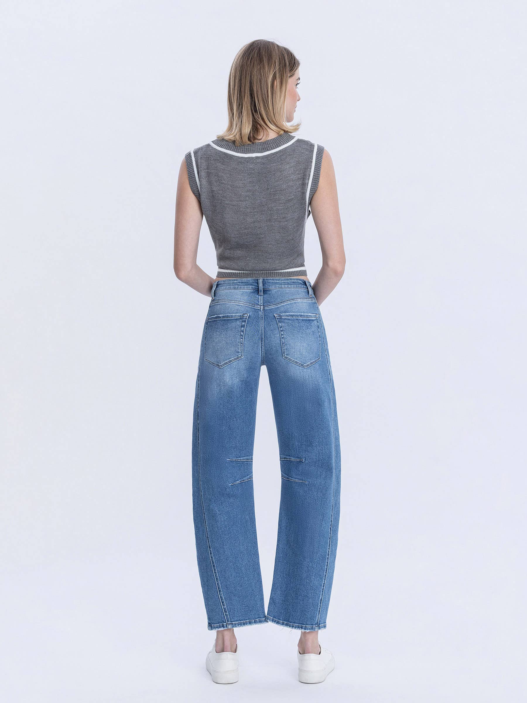 High Rise Medium Wash Crop Barrel Jeans