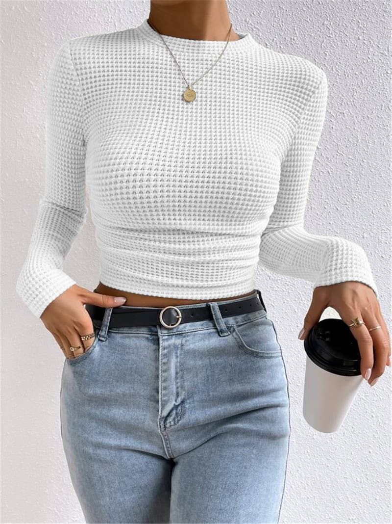 White Plain Waffle Fitted long Sleeve Top