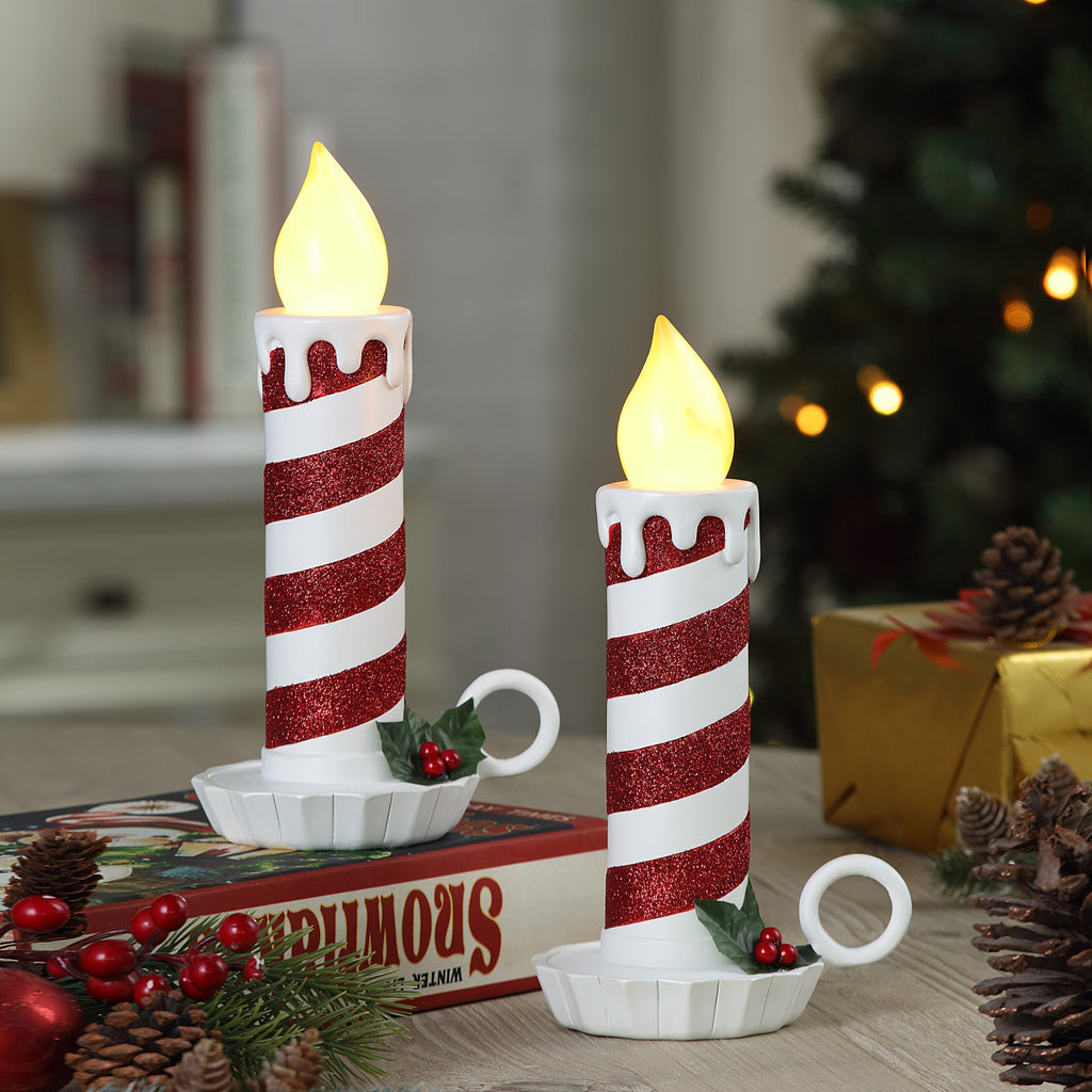 10 in. Set of 2 Flickering LED Striped Candles - Red and White