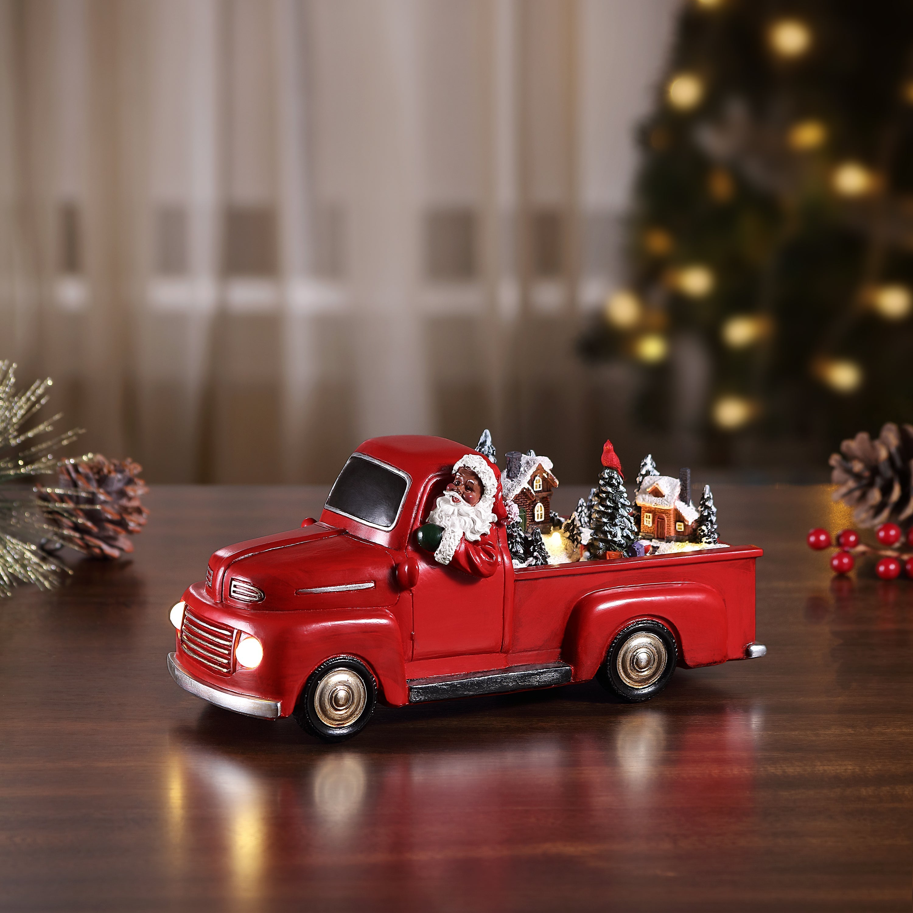 11 in. Animated Nostalgic Red Truck - Black Santa