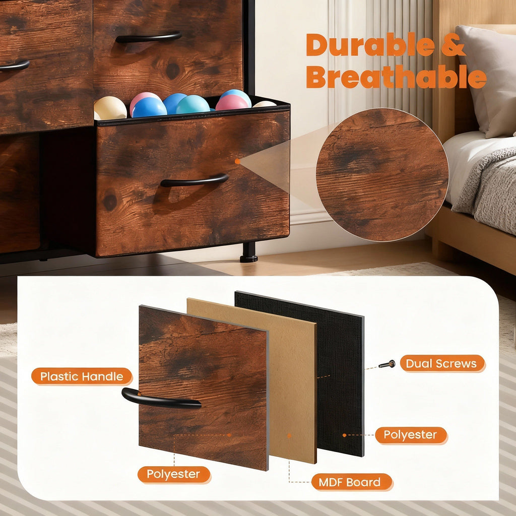 8-Drawer Metal Frame Dresser Wall-Mountable High-Feet Quick-Assembly Bedroom Storage