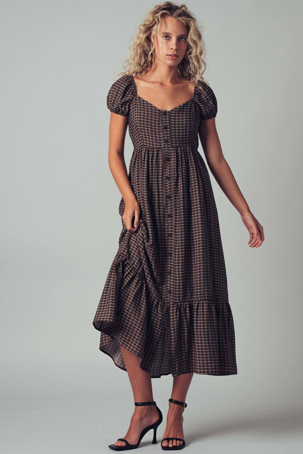 Check Puff Sleeve Smocked Midi Dress
