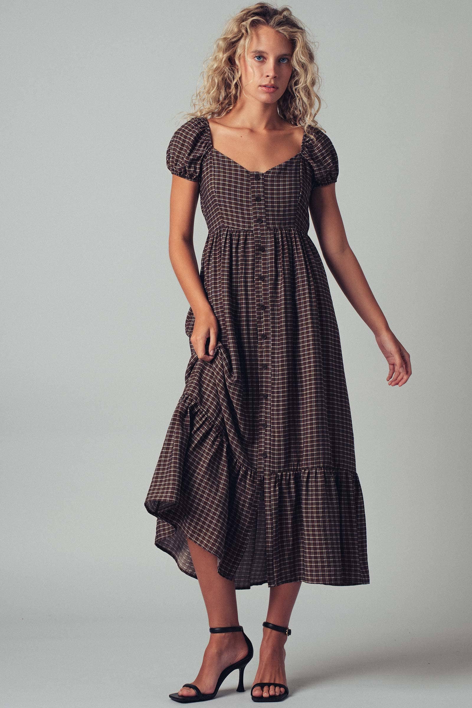 Check Puff Sleeve Smocked Midi Dress