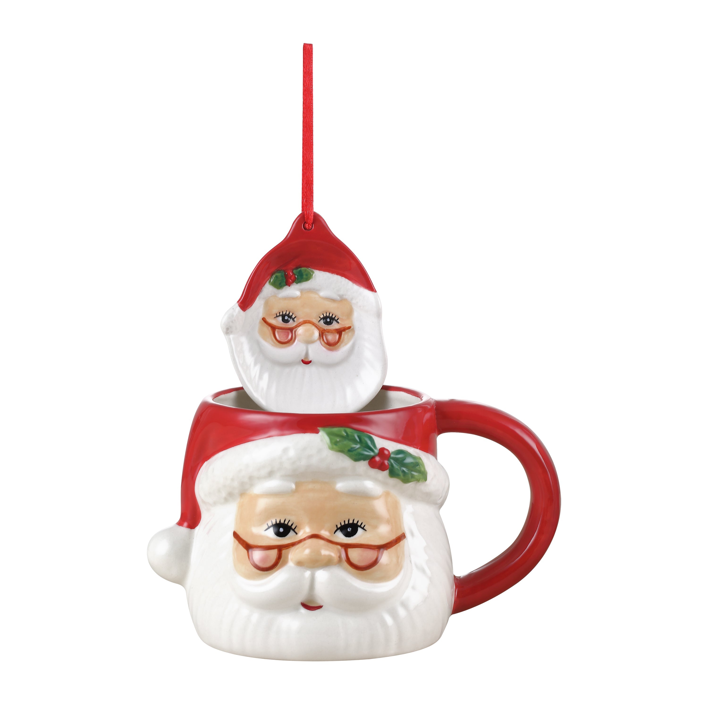 16 oz. Ceramic Santa Mug and Ornament Set - Red
