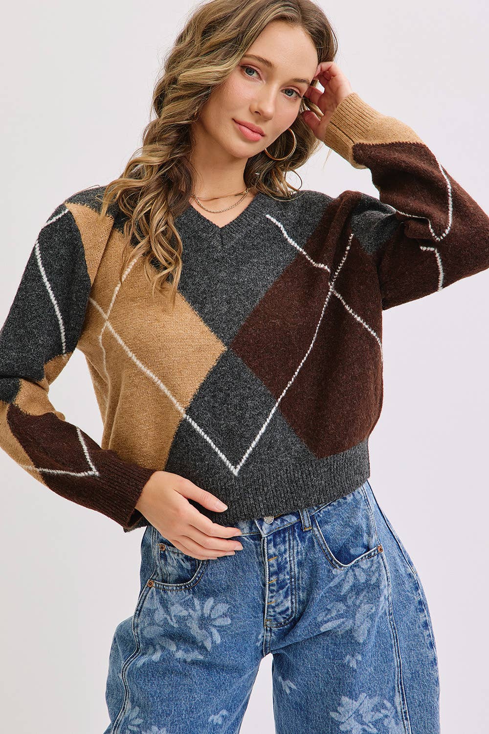 V-Neck Argyle Knit Sweater