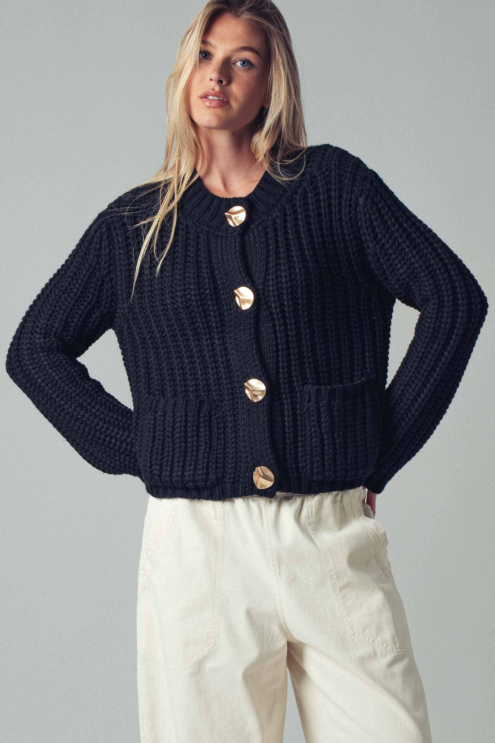Black Chunky Gold Button Ribbed Knit Cardigan