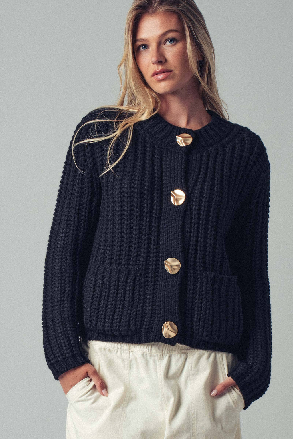 Black Chunky Gold Button Ribbed Knit Cardigan
