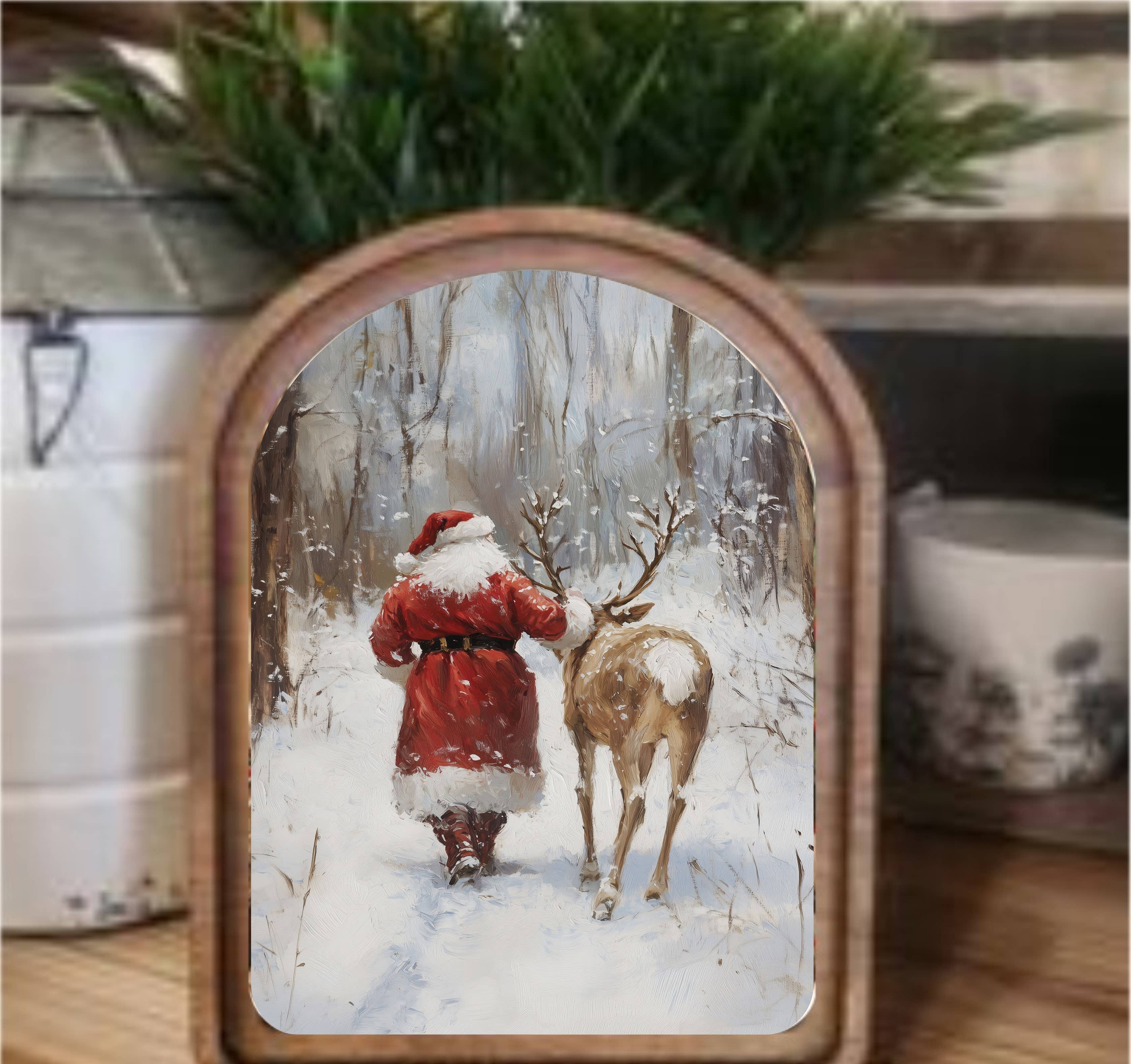 Santa With Reindeer Framed Art Arch Top