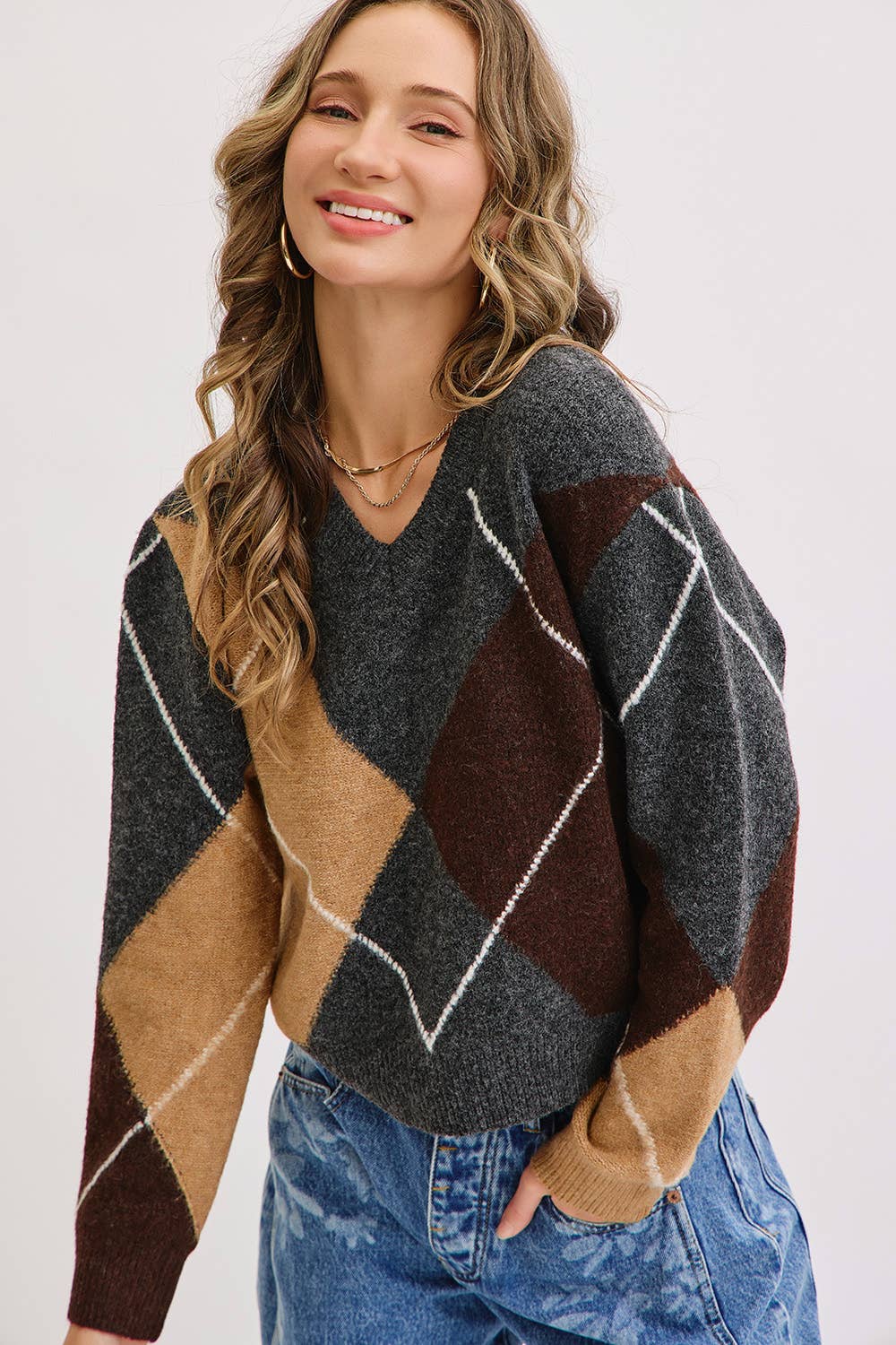 V-Neck Argyle Knit Sweater