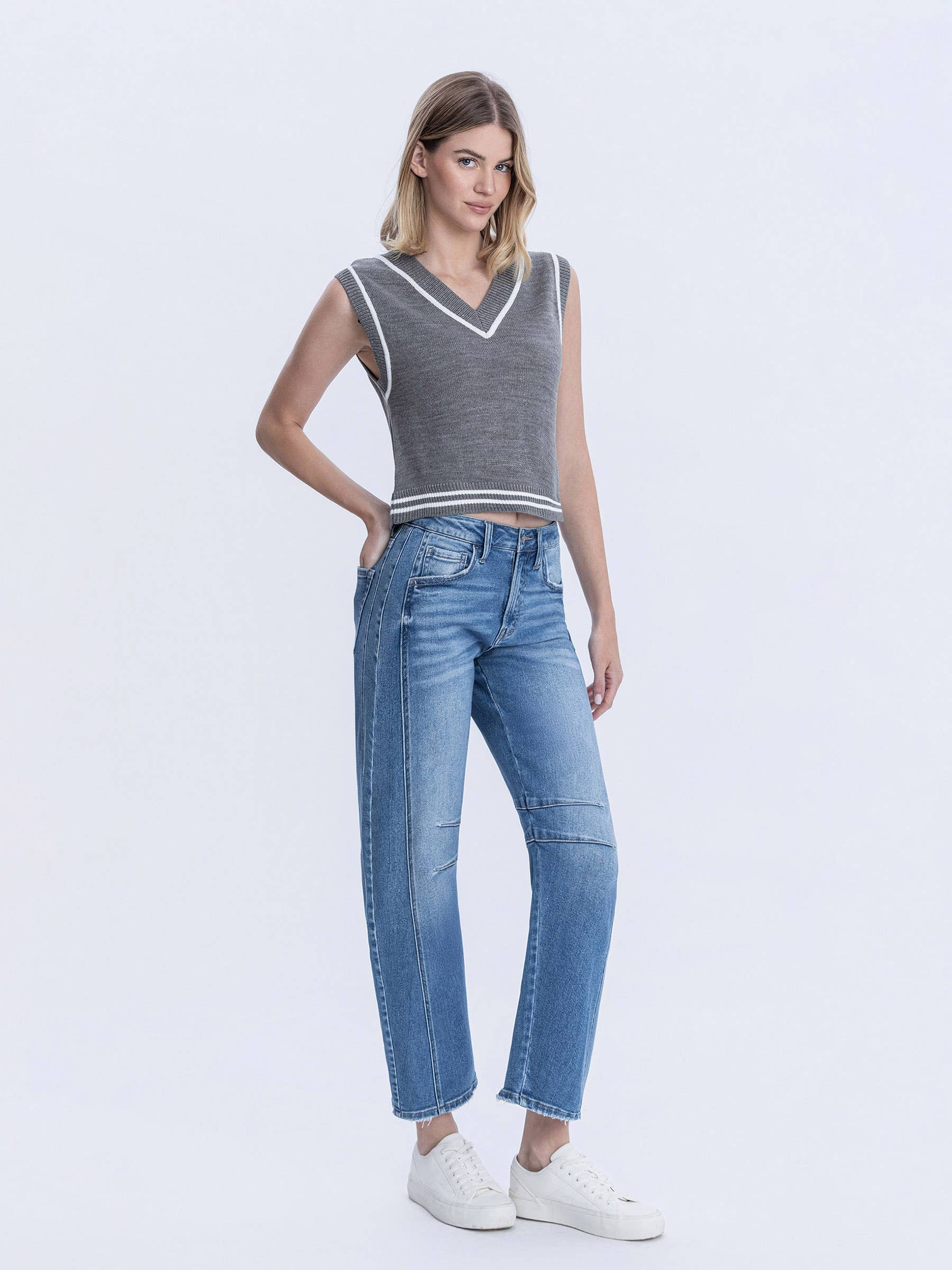 High Rise Medium Wash Crop Barrel Jeans