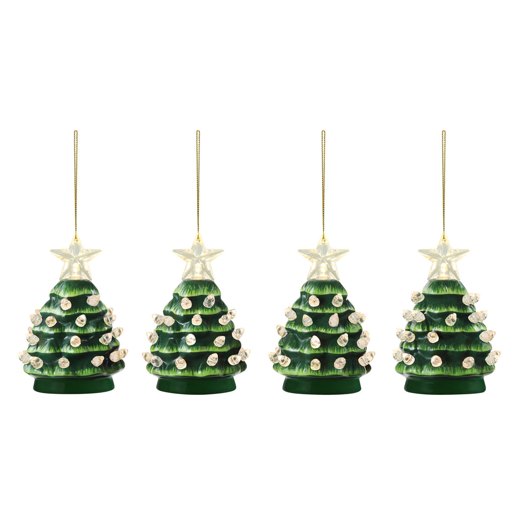 4 in. Set of 4 Nostalgic Ceramic Tree Ornaments - Green with Clear Bulbs