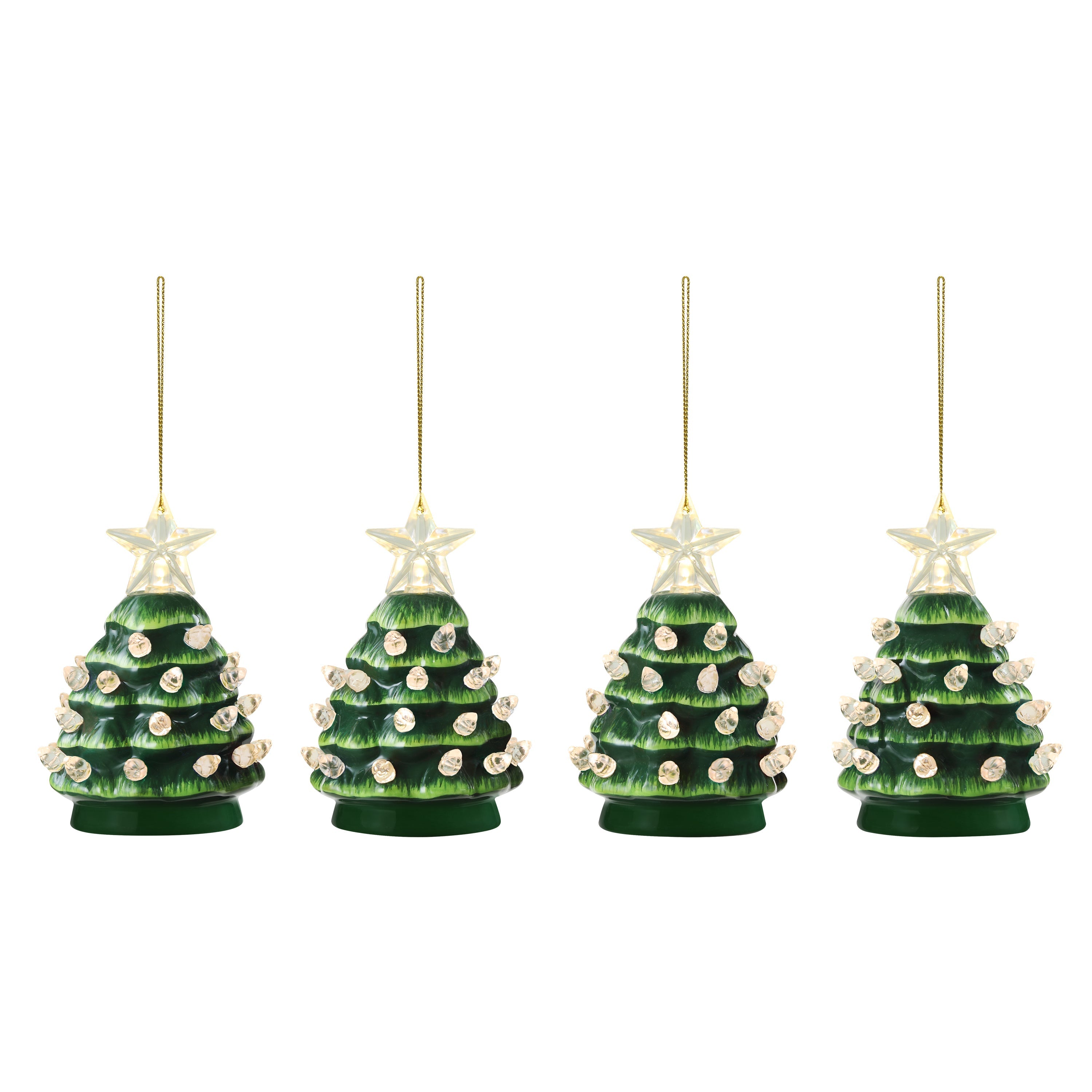 4 in. Set of 4 Nostalgic Ceramic Tree Ornaments - Green with Clear Bulbs