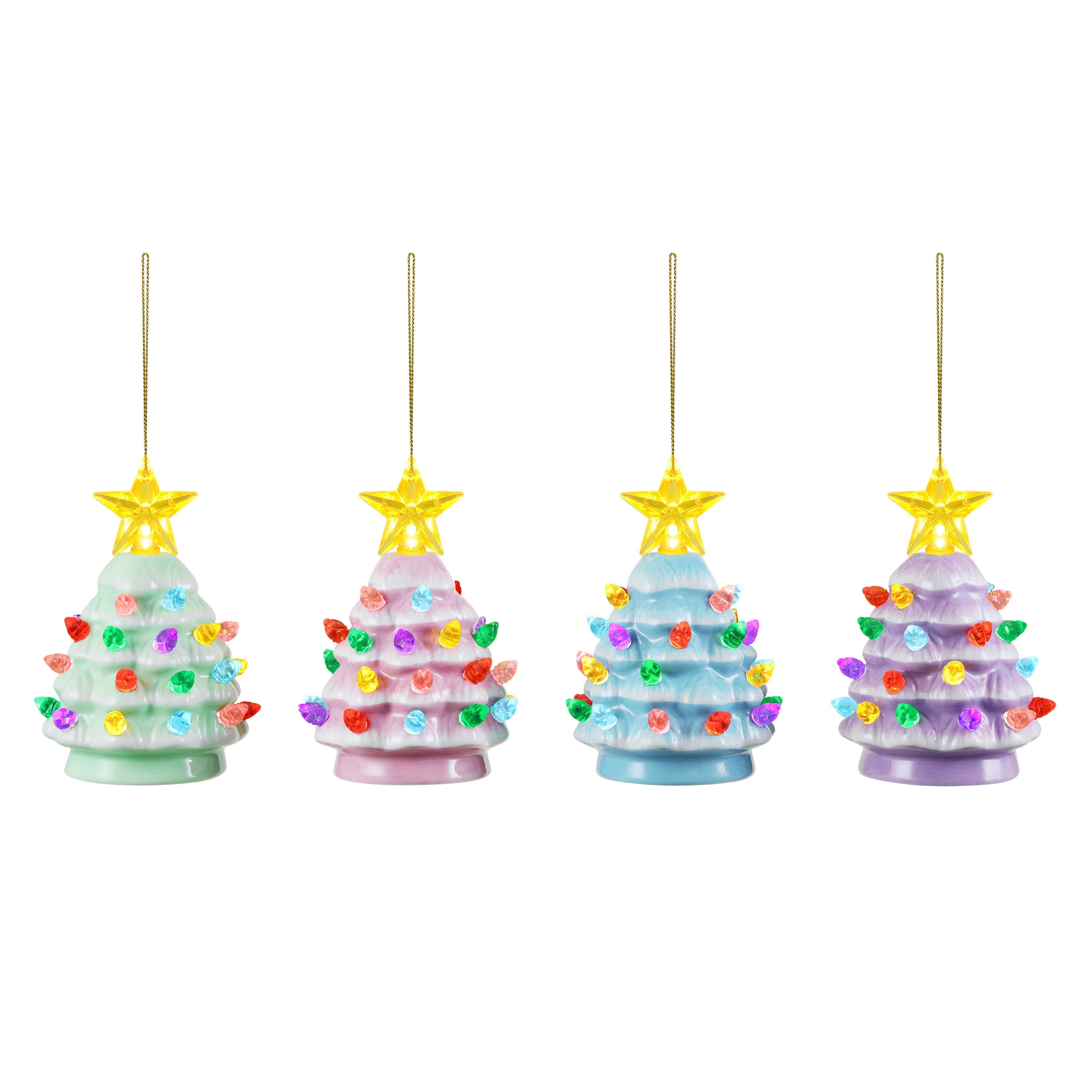 4 in. Set of 4 Nostalgic Ceramic Tree Ornaments - Pastel with Multicolored Bulbs