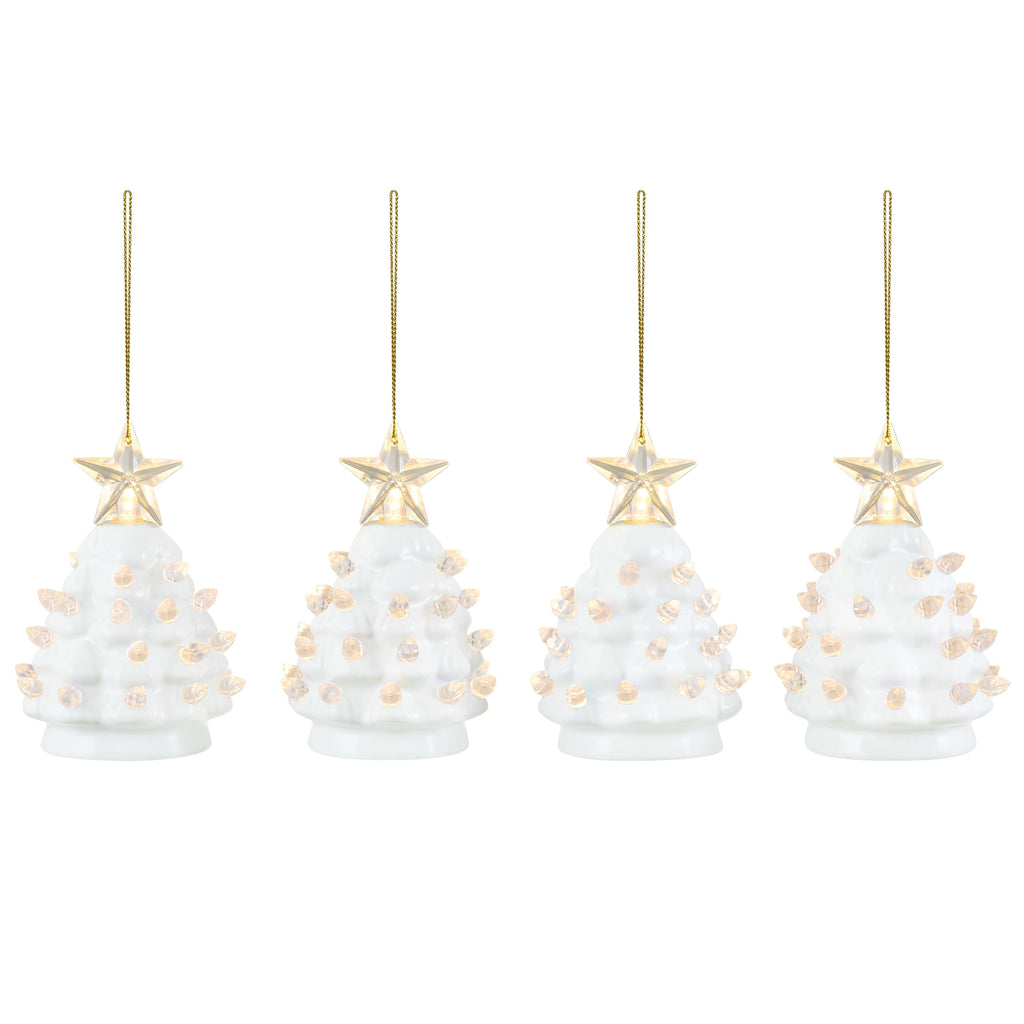 4 in. Set of 4 Nostalgic Ceramic Tree Ornaments - White with Clear Bulbs