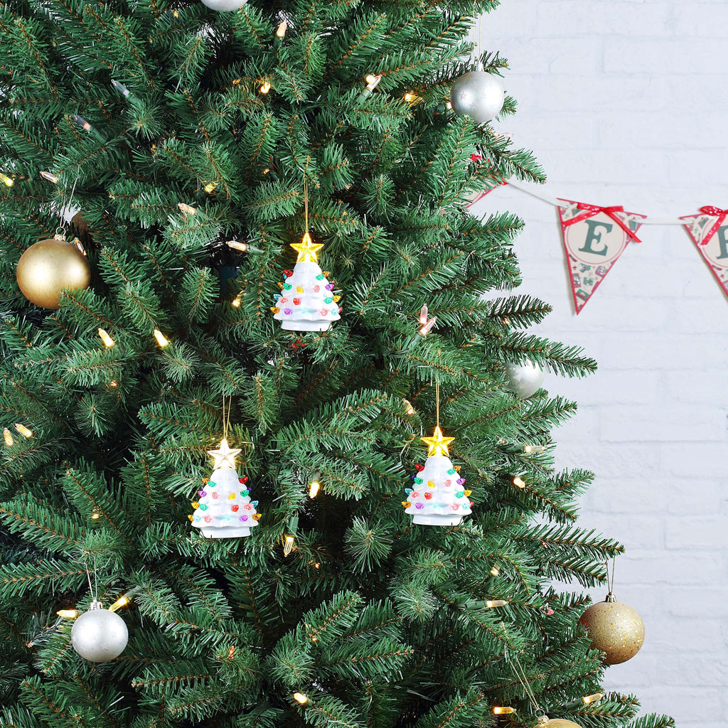4 in. Set of 4 Nostalgic Ceramic Tree Ornaments - White with Multicolored Bulbs