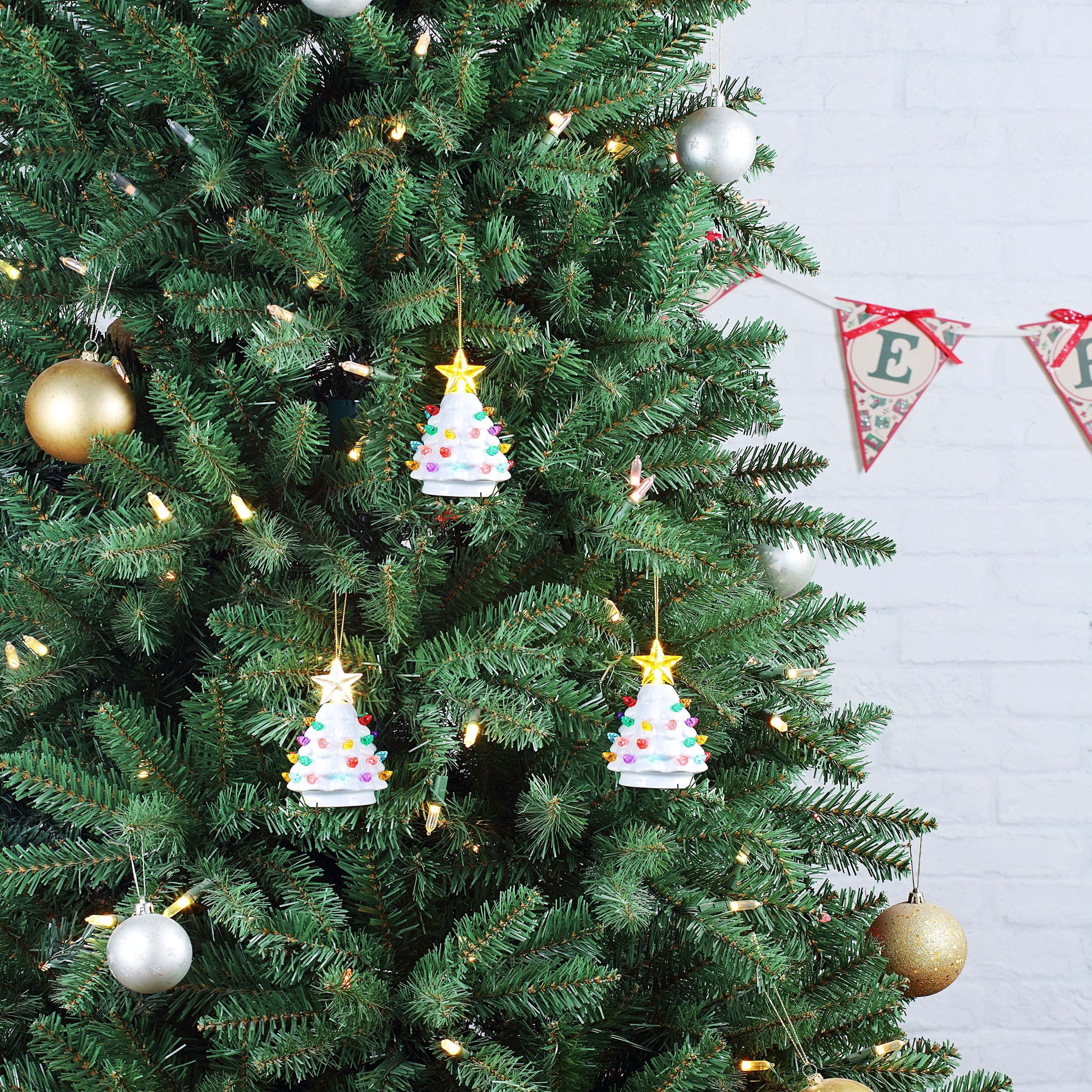 4 in. Set of 4 Nostalgic Ceramic Tree Ornaments - White with Multicolored Bulbs