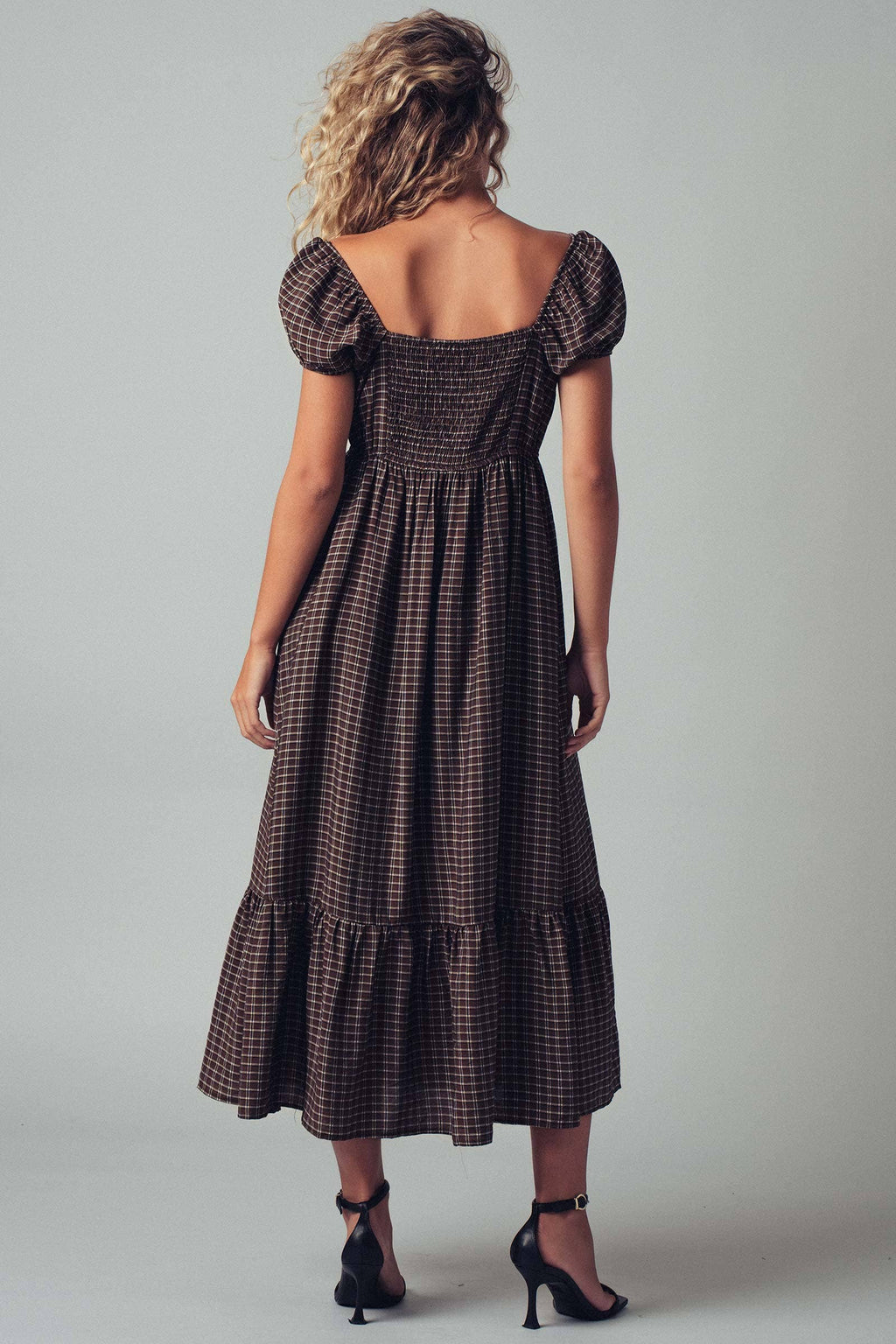 Check Puff Sleeve Smocked Midi Dress