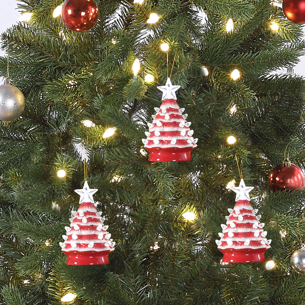 5 in. Set of 3 Nostalgic Ceramic Tree Ornament- Red with White Bulbs