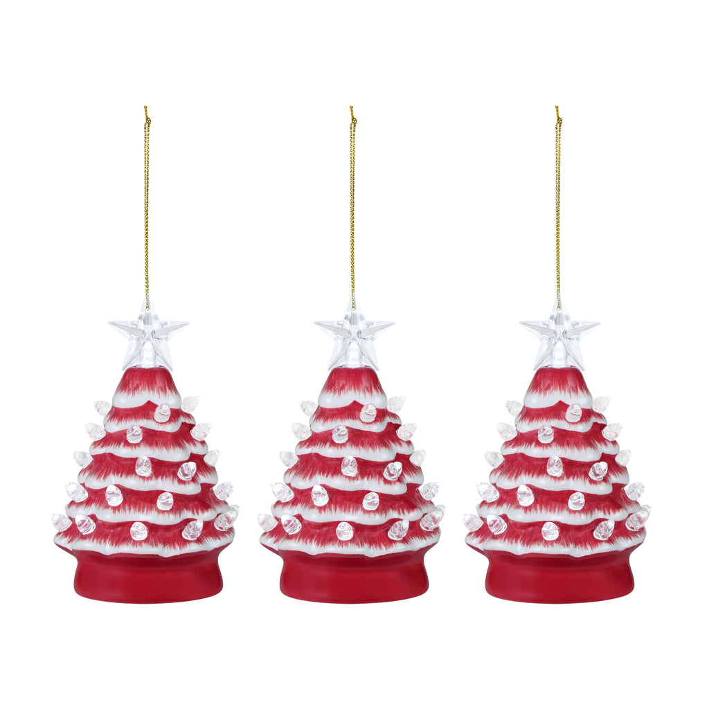 5 in. Set of 3 Nostalgic Ceramic Tree Ornament- Red with White Bulbs