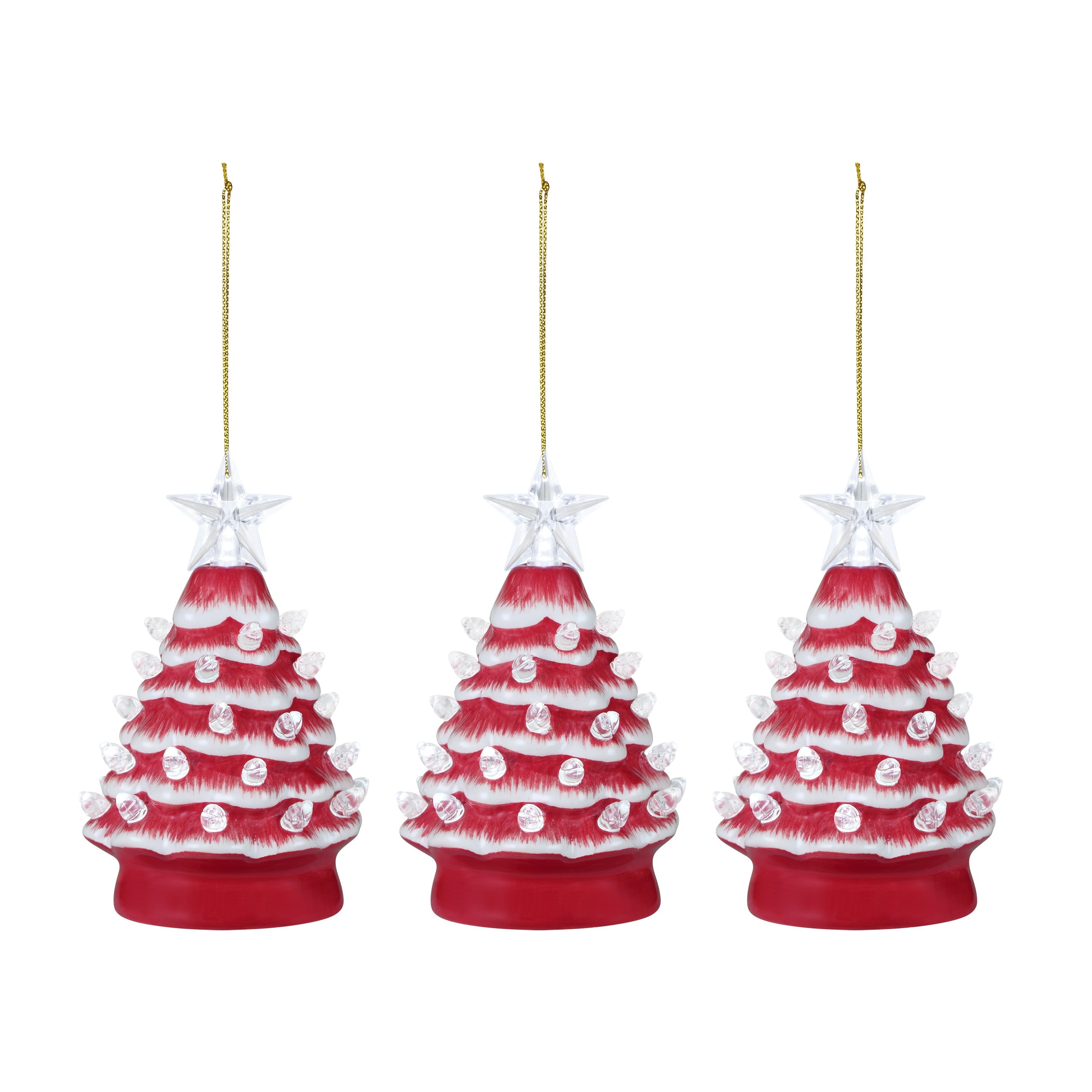 5 in. Set of 3 Nostalgic Ceramic Tree Ornament- Red with White Bulbs