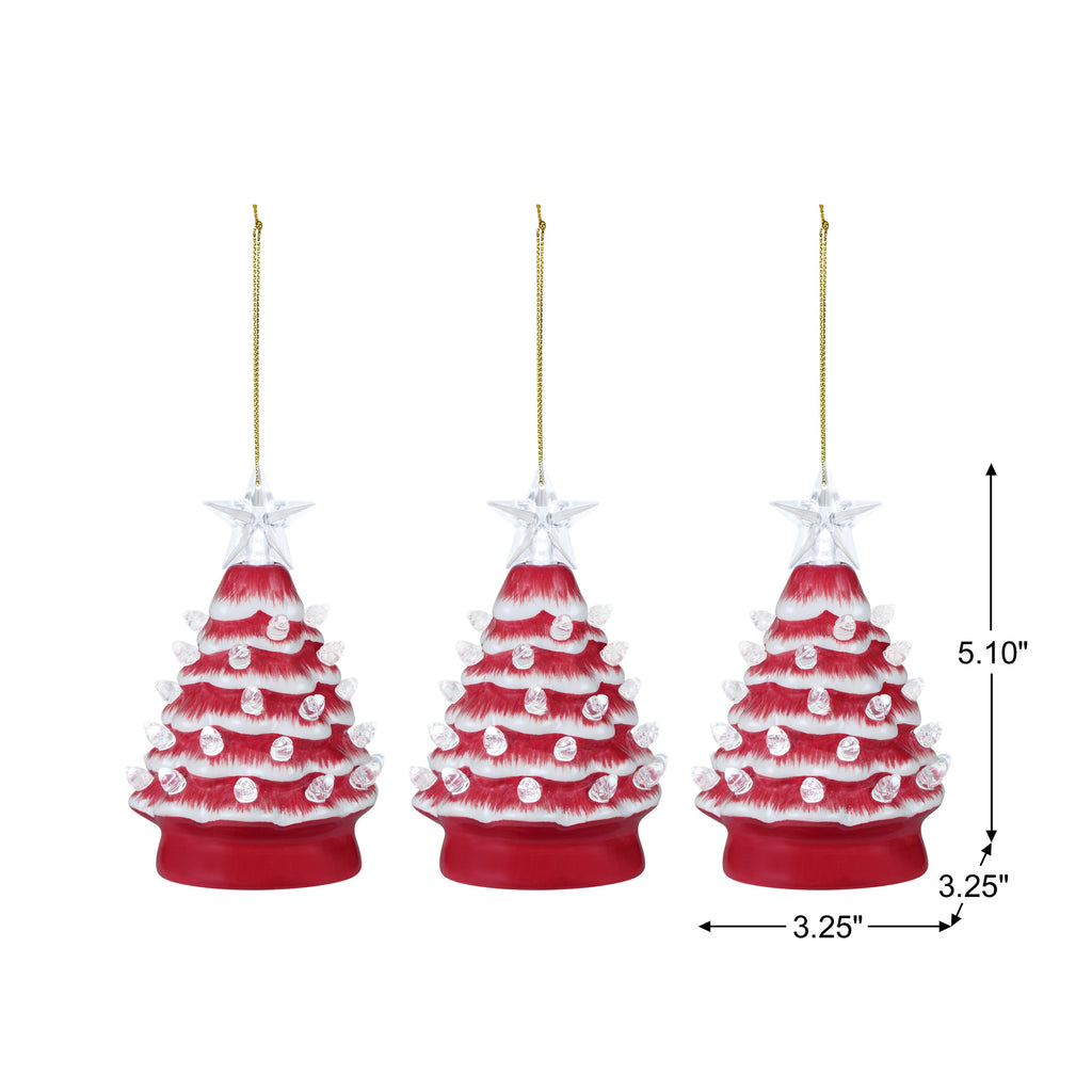 5 in. Set of 3 Nostalgic Ceramic Tree Ornament- Red with White Bulbs