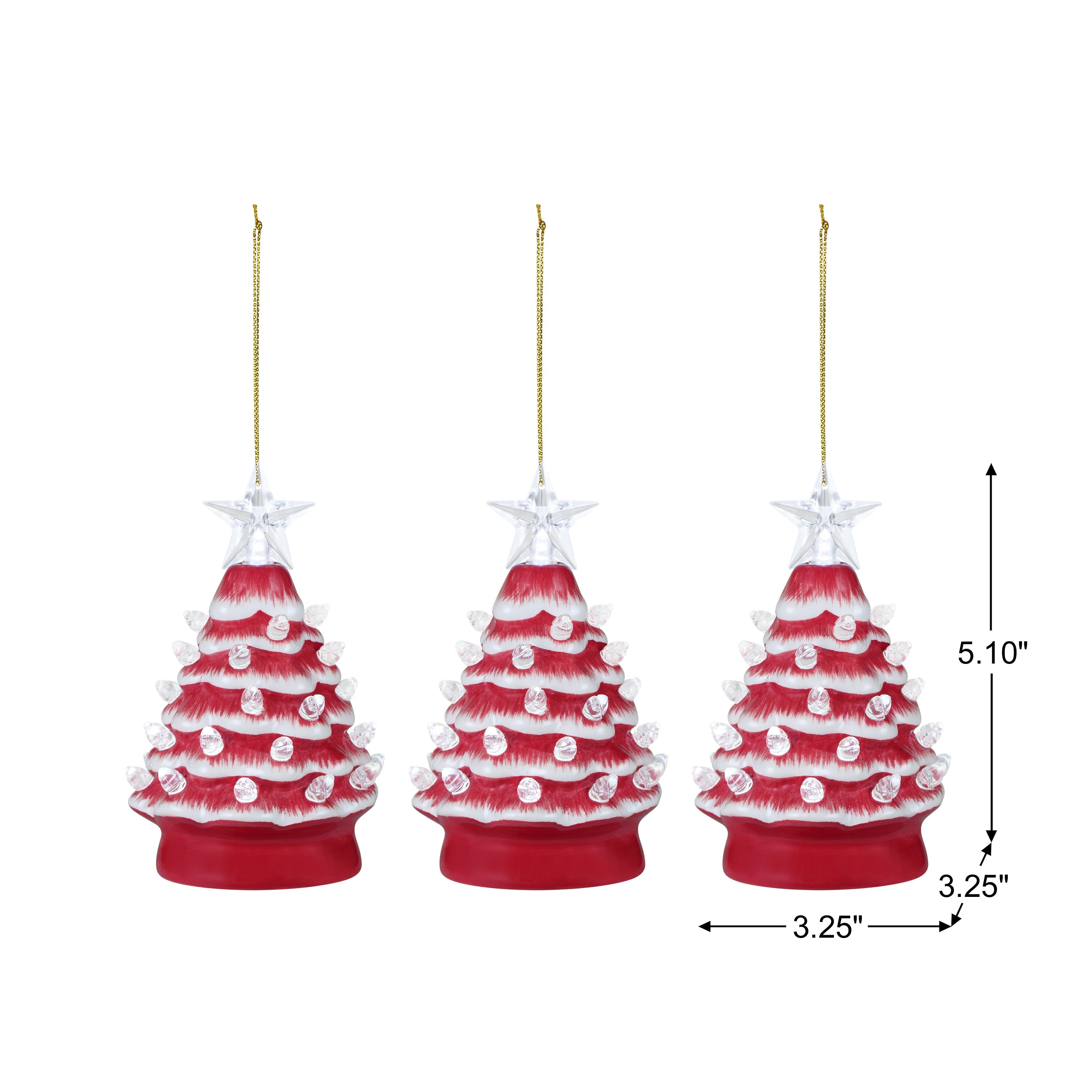 5 in. Set of 3 Nostalgic Ceramic Tree Ornament- Red with White Bulbs