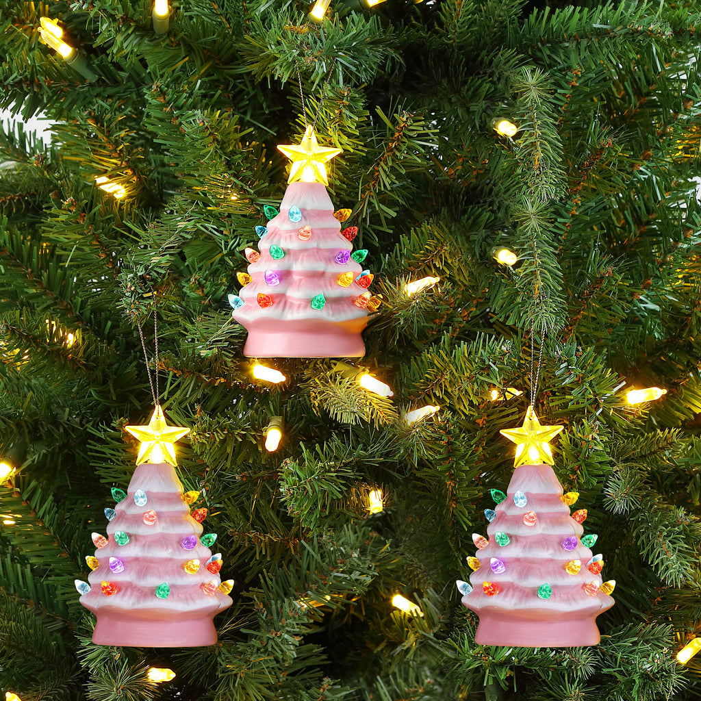 5 in. Set of 3 Nostalgic Ceramic Tree Ornaments - Pink