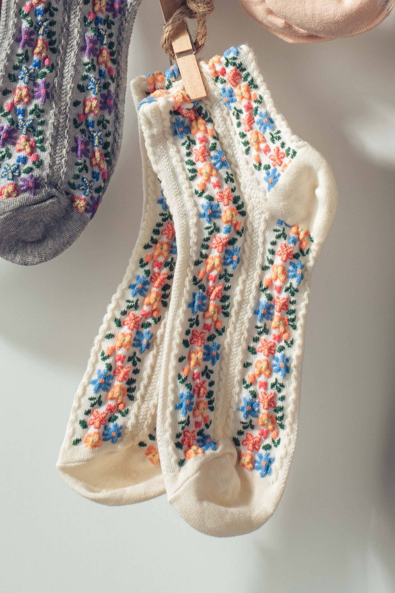 Vintage Floral Embroidered Socks
