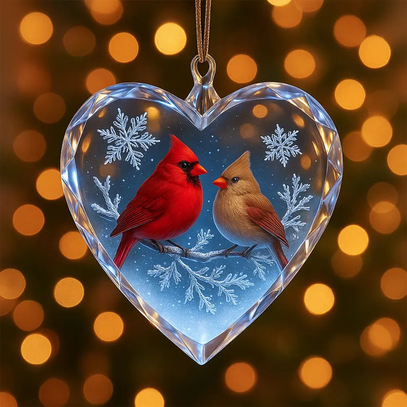 Crystal Heart Cardinals Winter Ornament