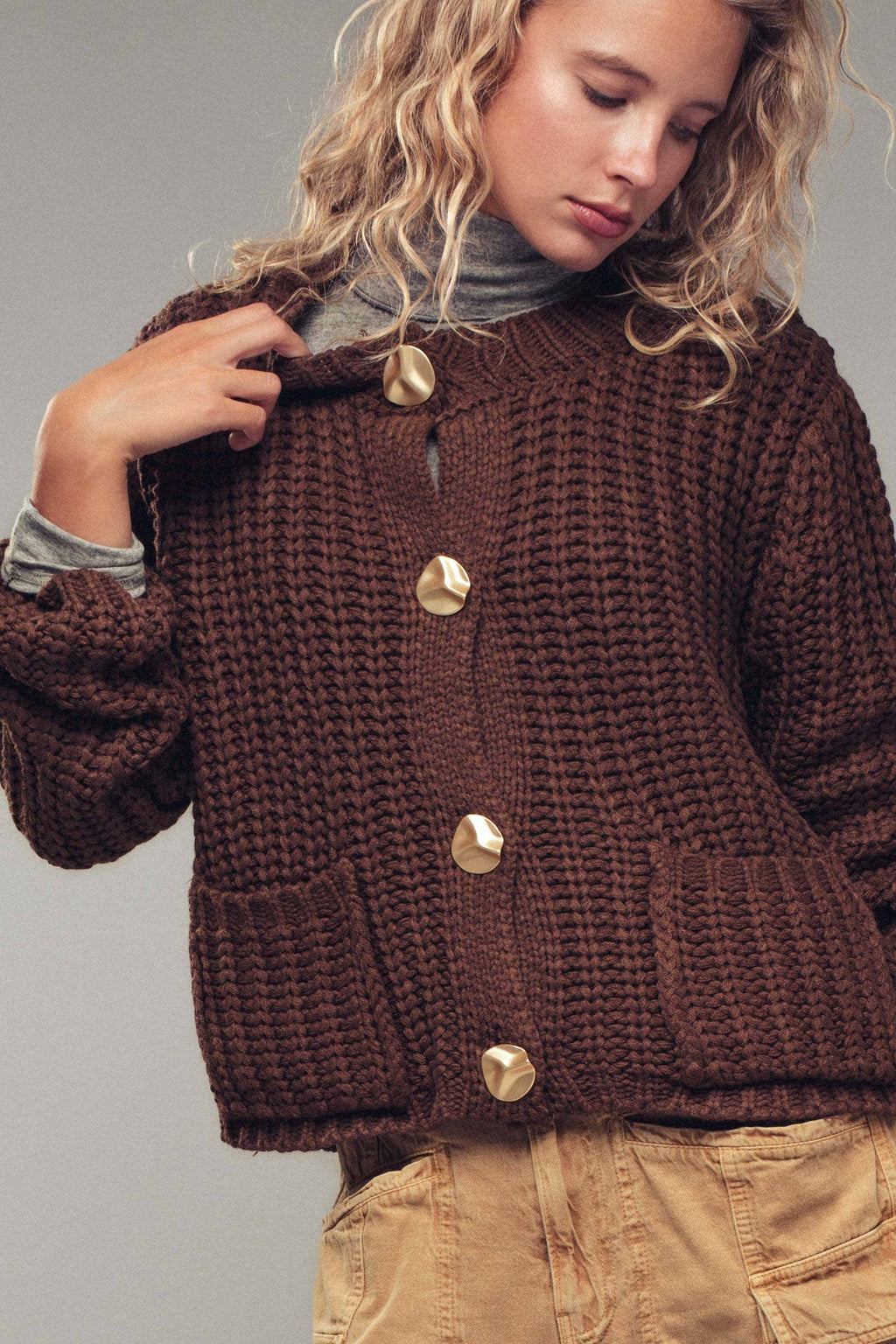 Brown Chunky Gold Button Ribbed Knit Cardigan