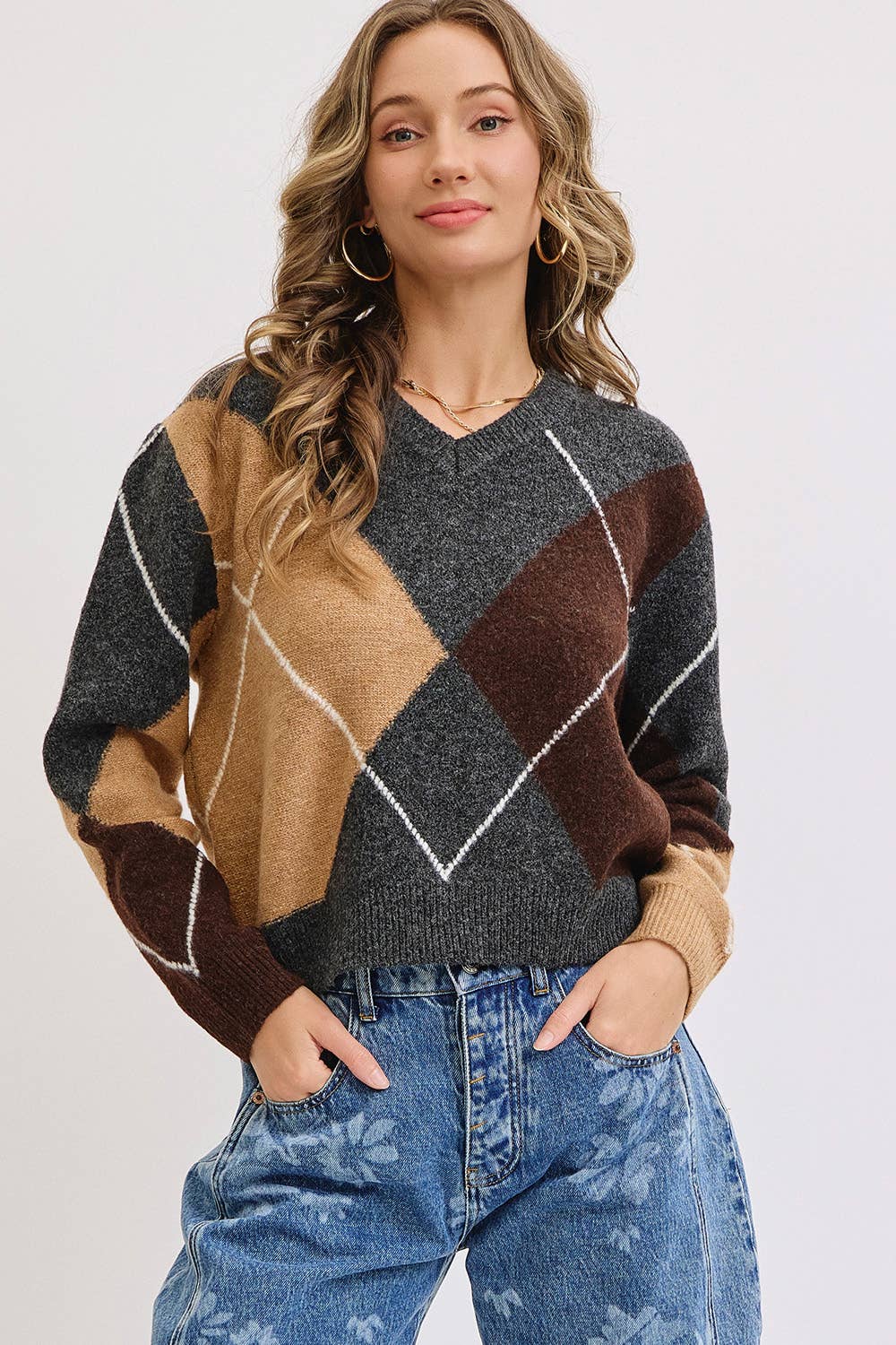 V-Neck Argyle Knit Sweater