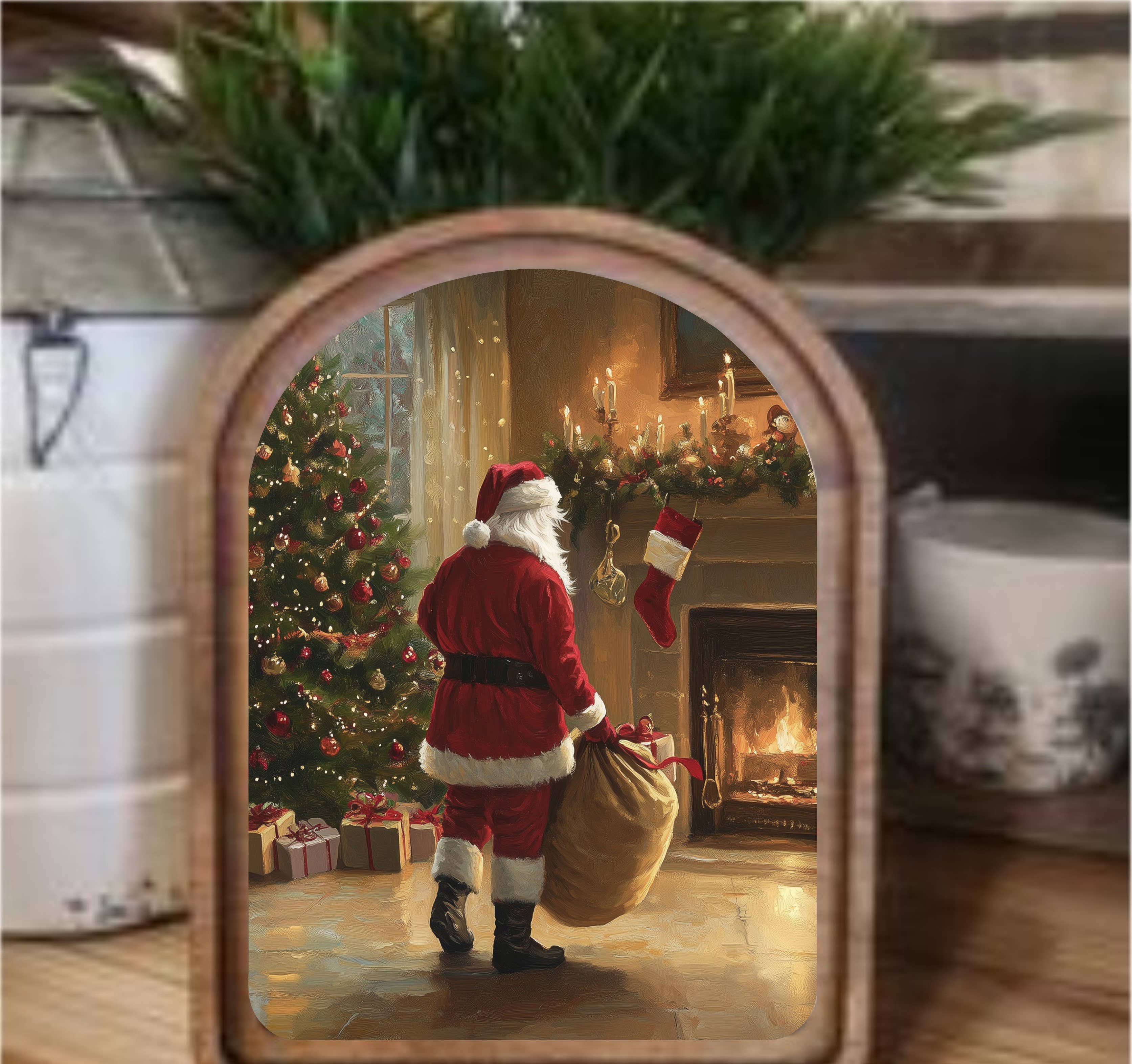 Fireplace Santa Framed Art Arch Top