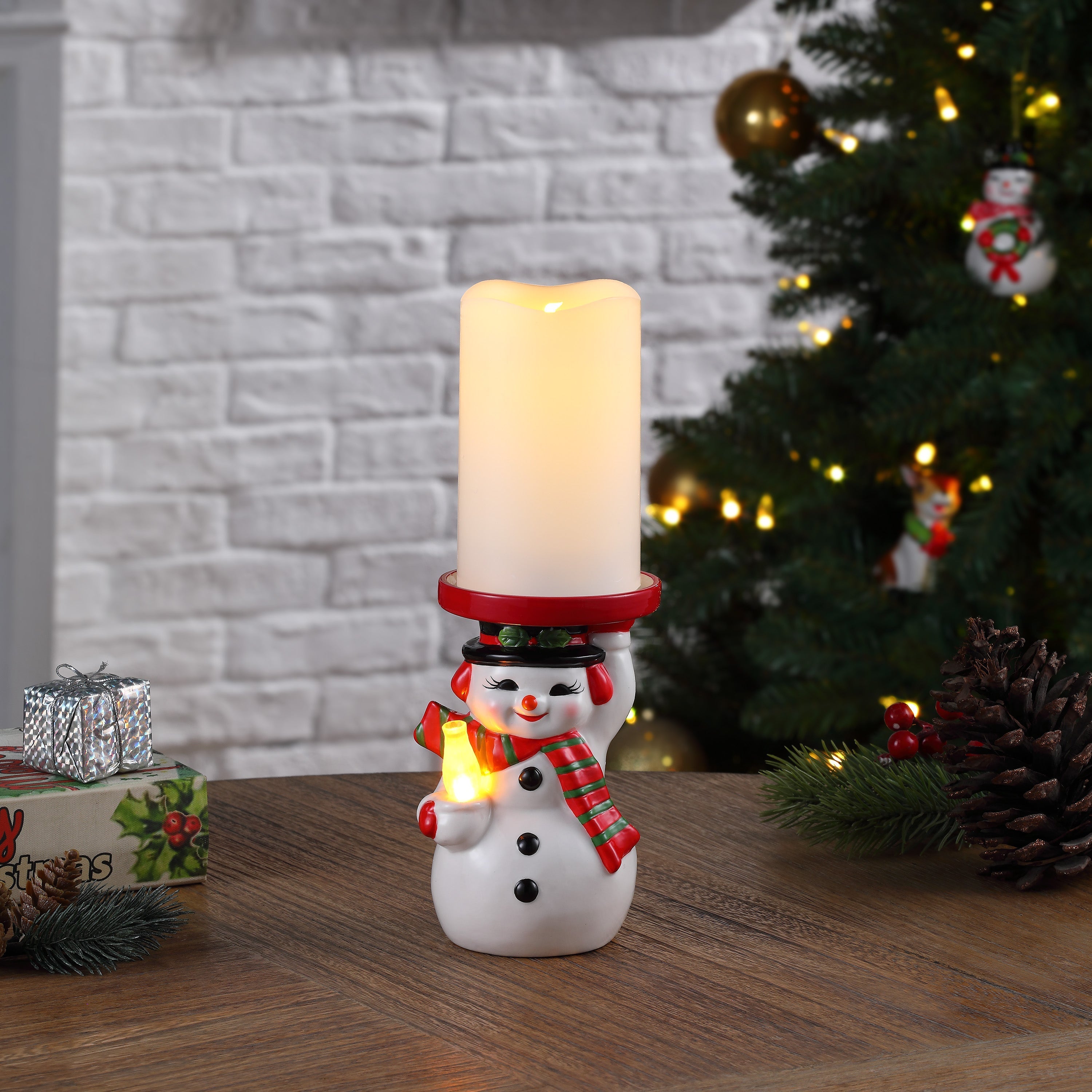 6 in. Lit Candle Holder and Flameless Candle - Snowman