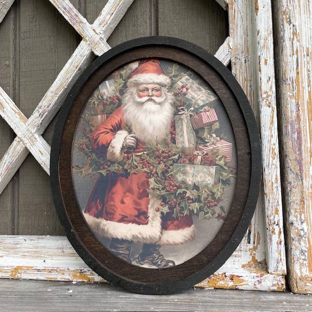 Santa with Holly Oval Framed Canvas Print