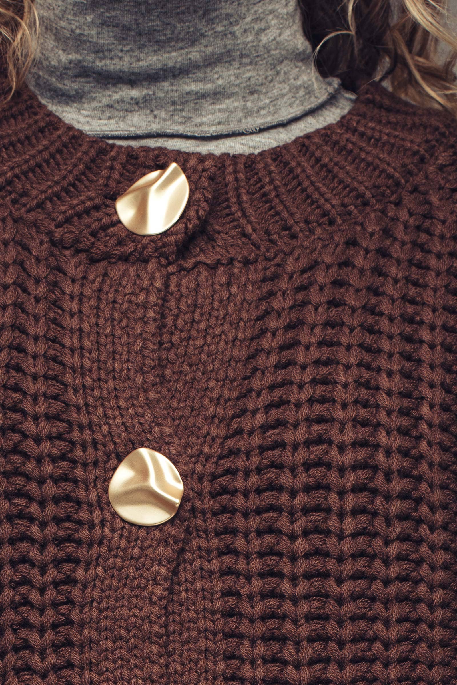 Brown Chunky Gold Button Ribbed Knit Cardigan