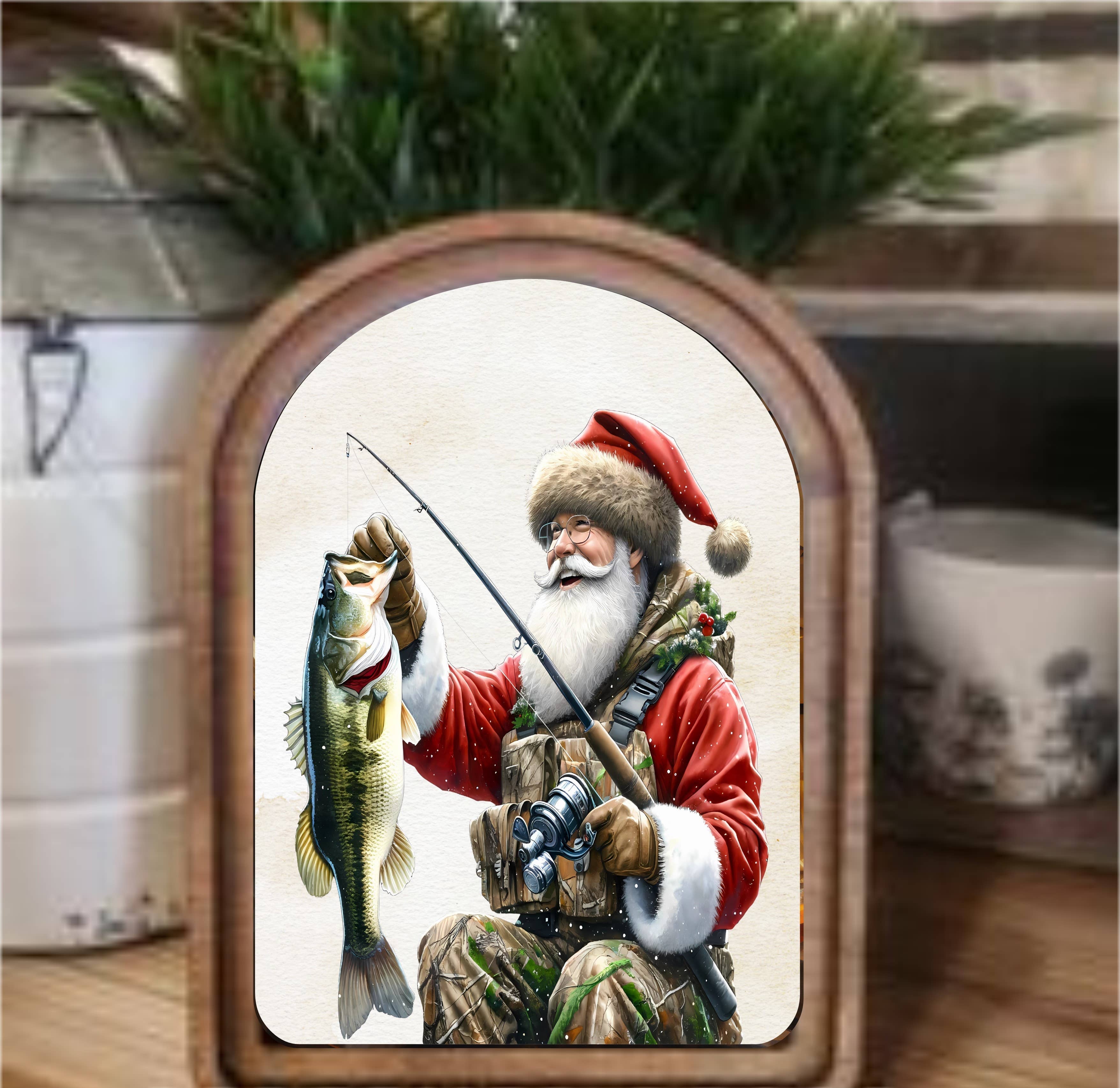 Fishing Santa Framed Art Arch Top