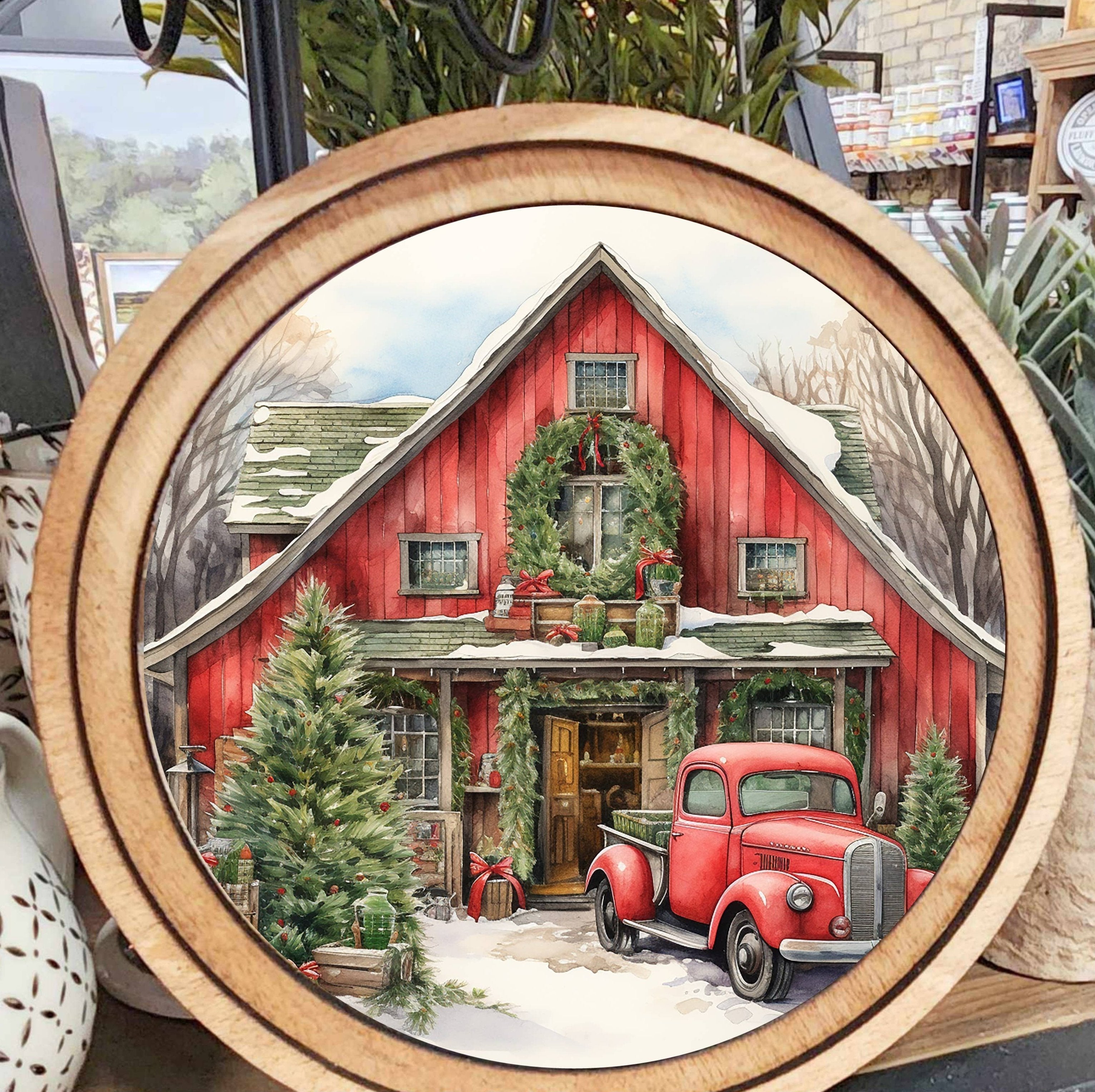 Round Red Christmas Barn Art