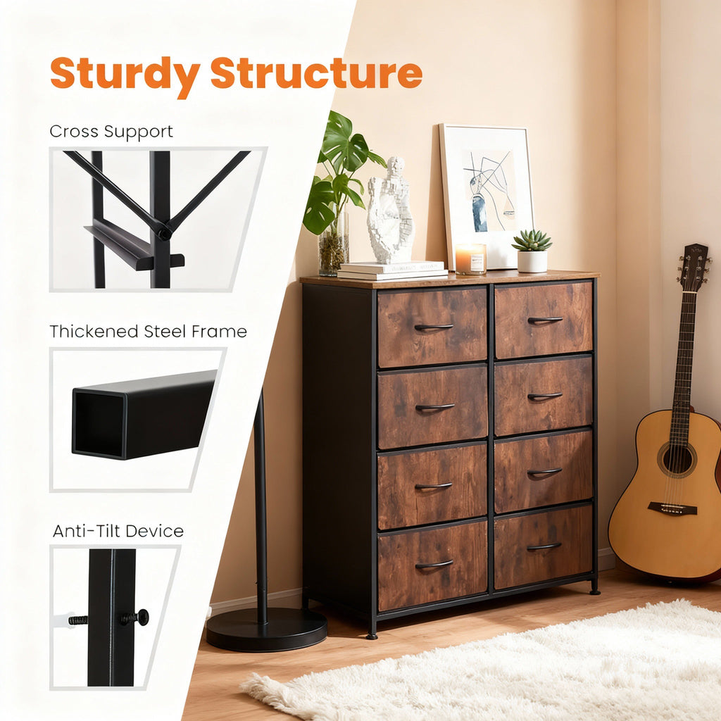 8-Drawer Metal Frame Dresser Wall-Mountable High-Feet Quick-Assembly Bedroom Storage