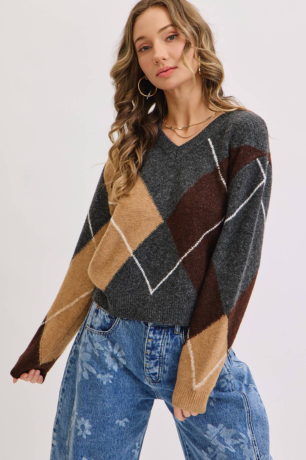 V-Neck Argyle Knit Sweater