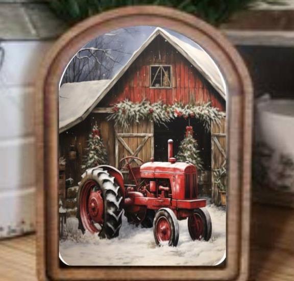 Christmas Tractor Framed Art Arch Top
