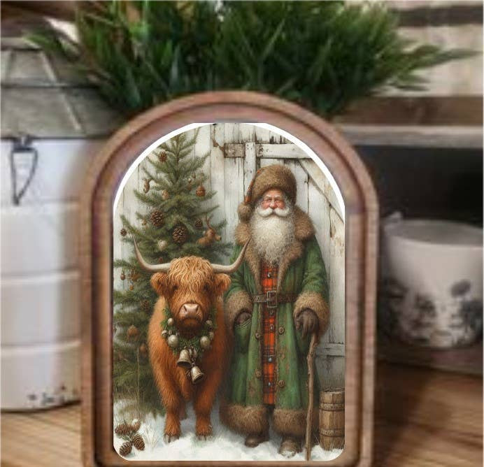 Highland Santa Green Framed Art Arch Top