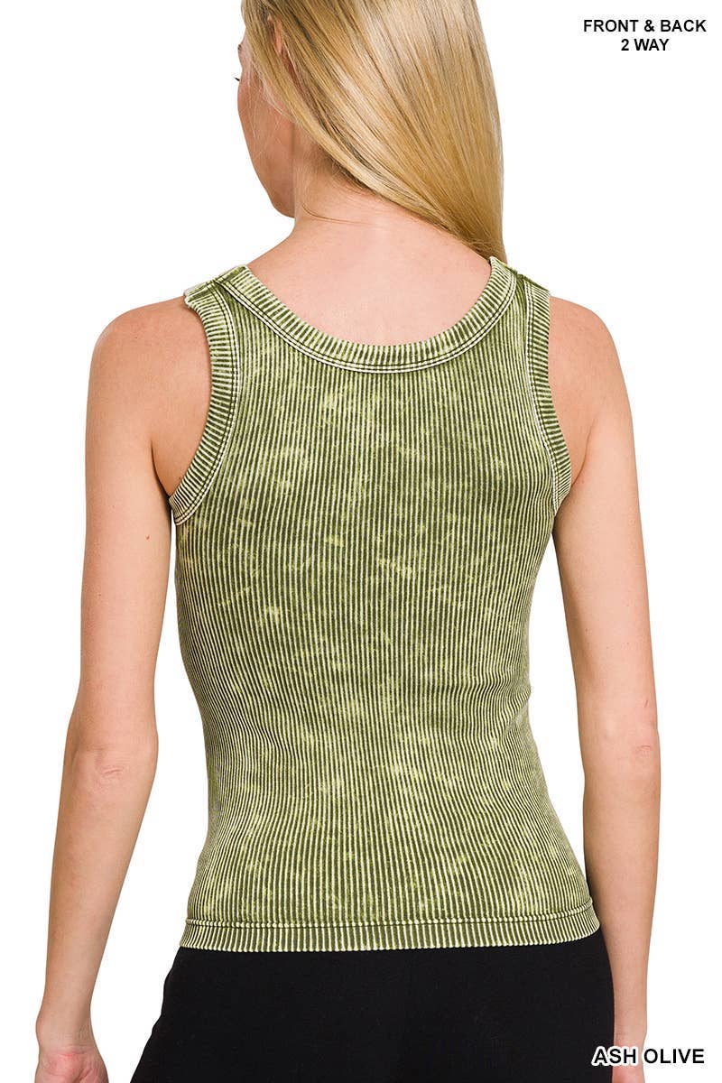 Ash Olive Washed Ribbed Seamless Tank Top