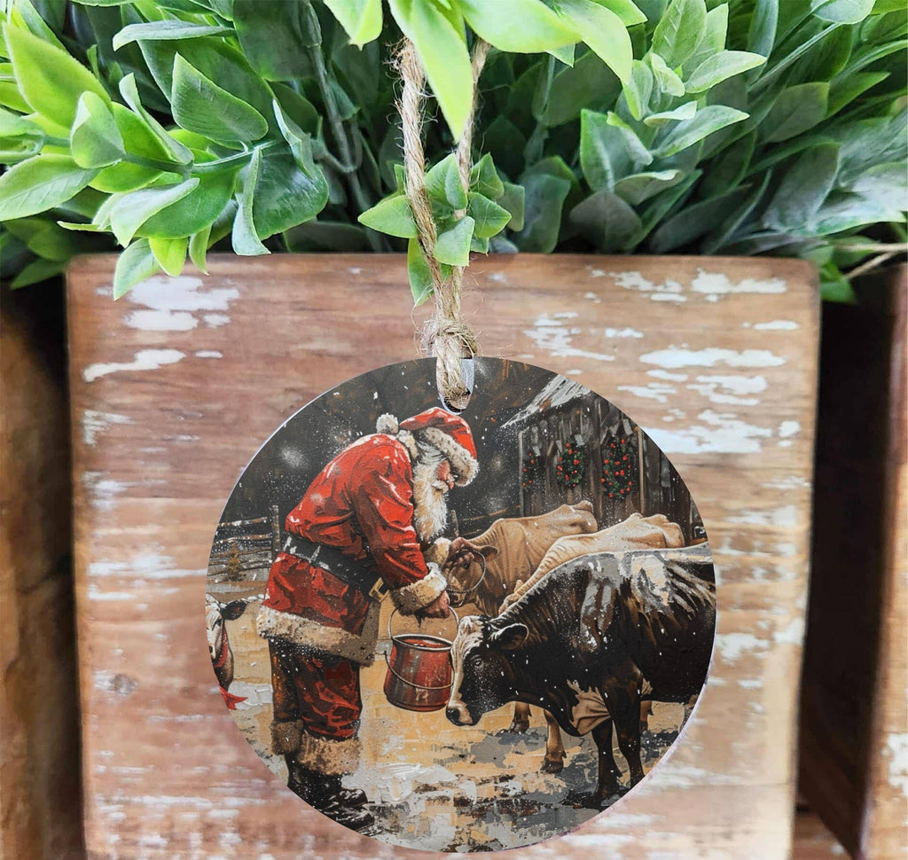 Santa With Cows Wood Ornament