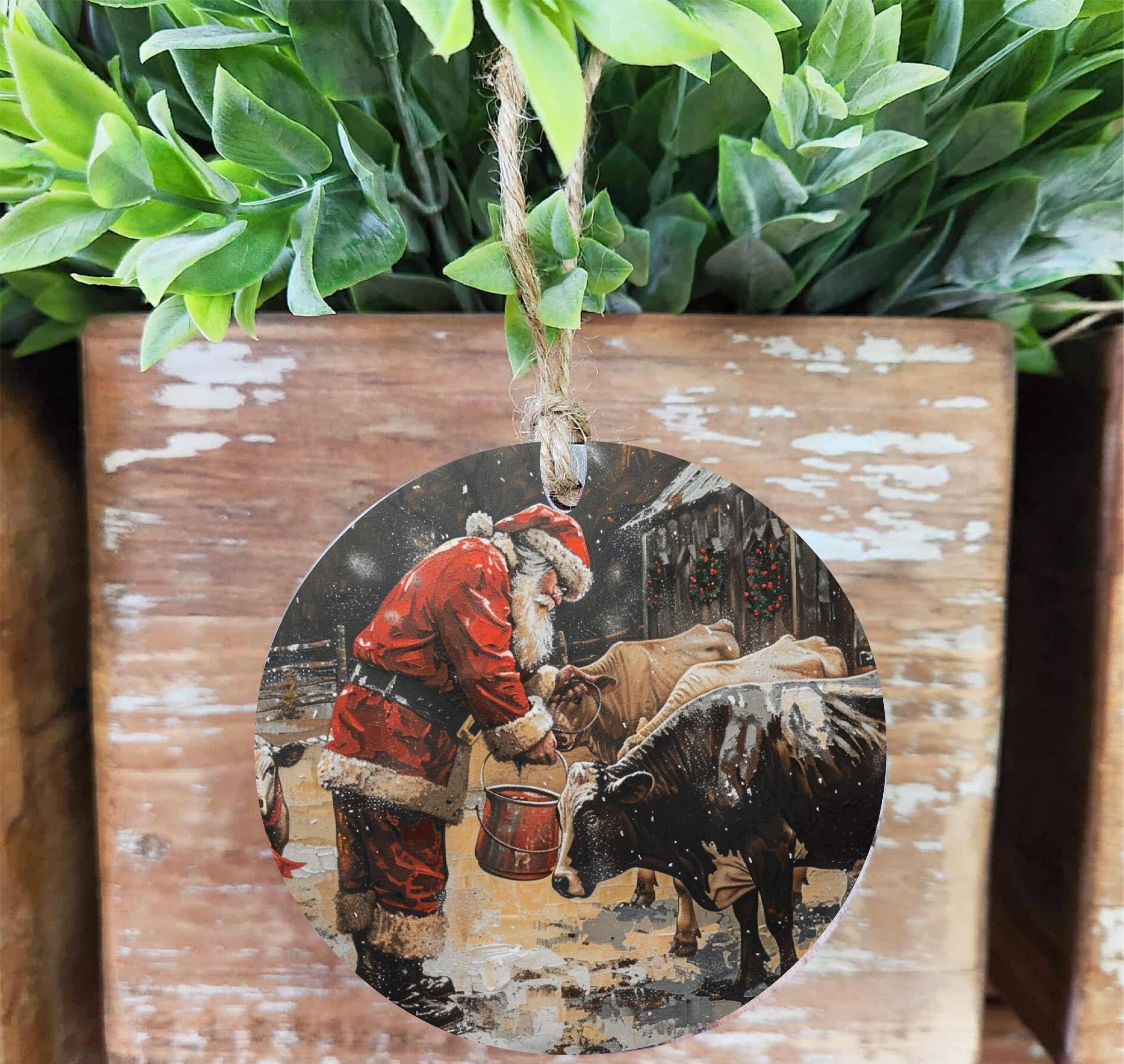 Santa With Cows Wood Ornament