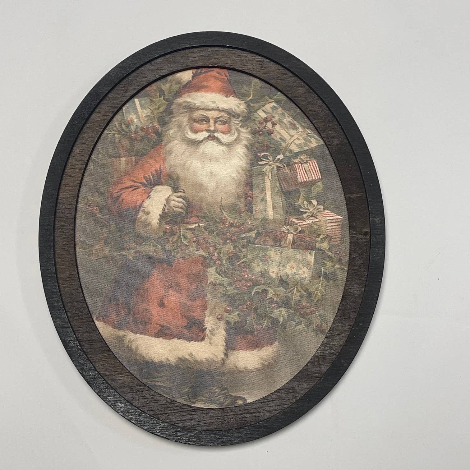 Santa with Holly Oval Framed Canvas Print