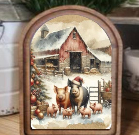 Christmas Pig Framed Art Arch Top
