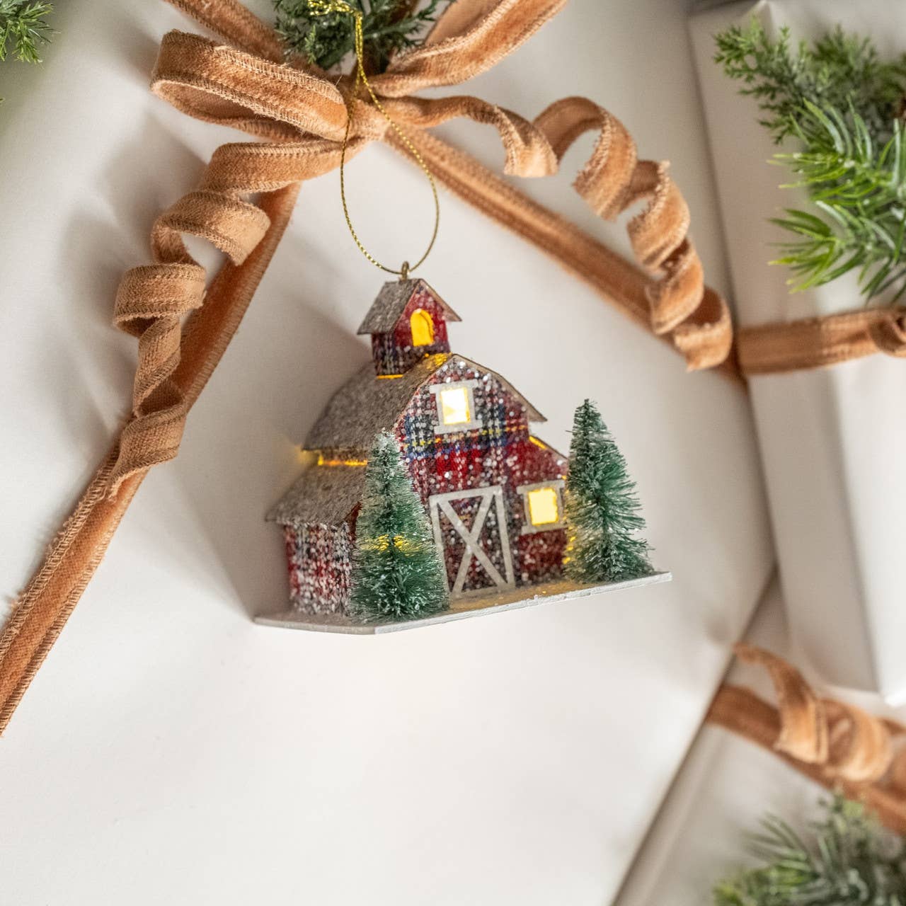 Plaid Lighted Barn Ornament