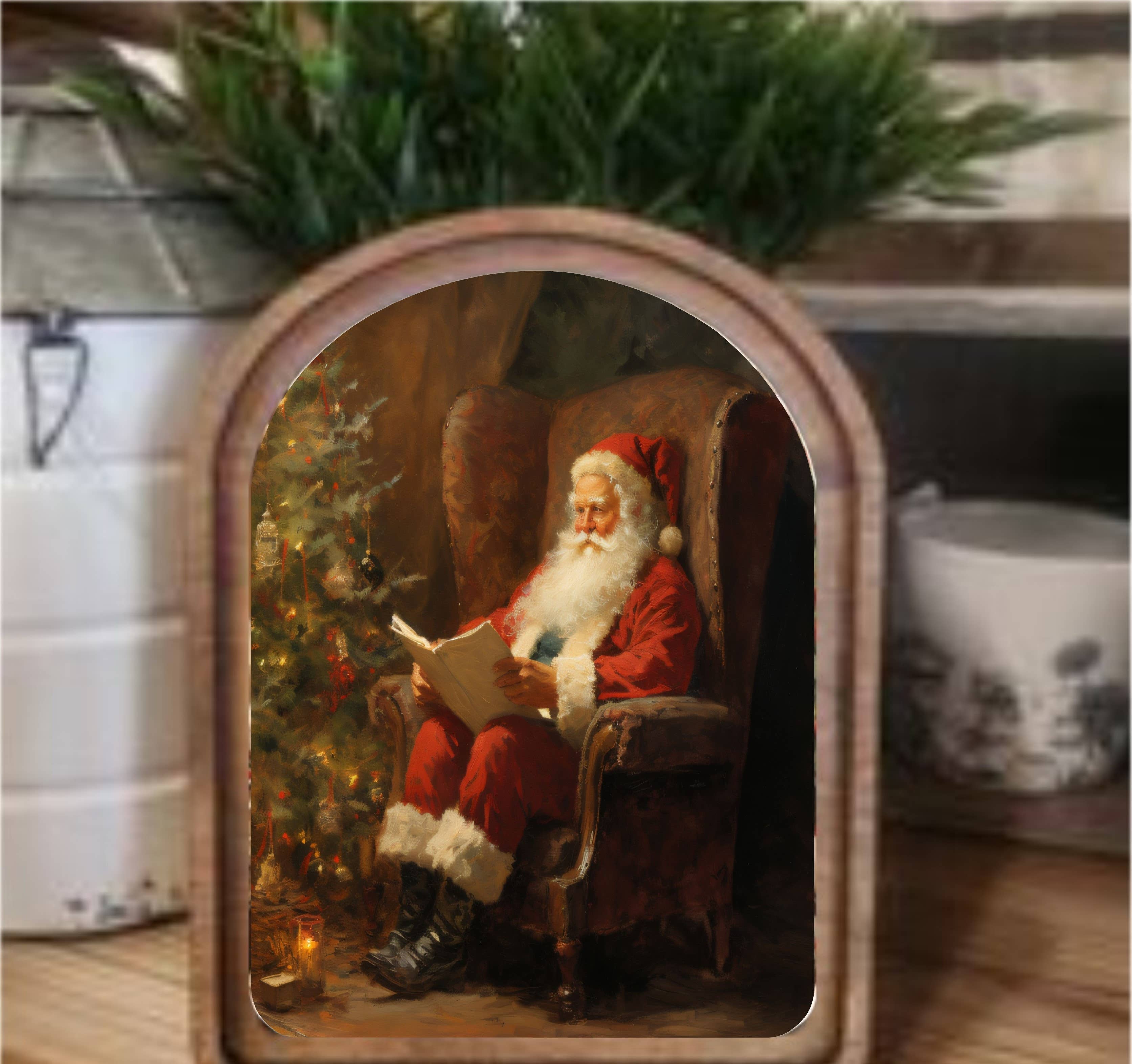 Santa Reading Framed Art Arch Top