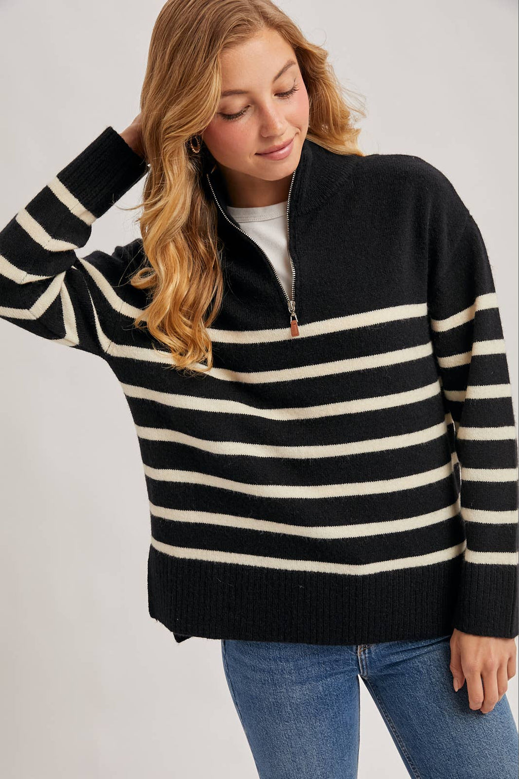Quarter Zip Up Stripe Sweater