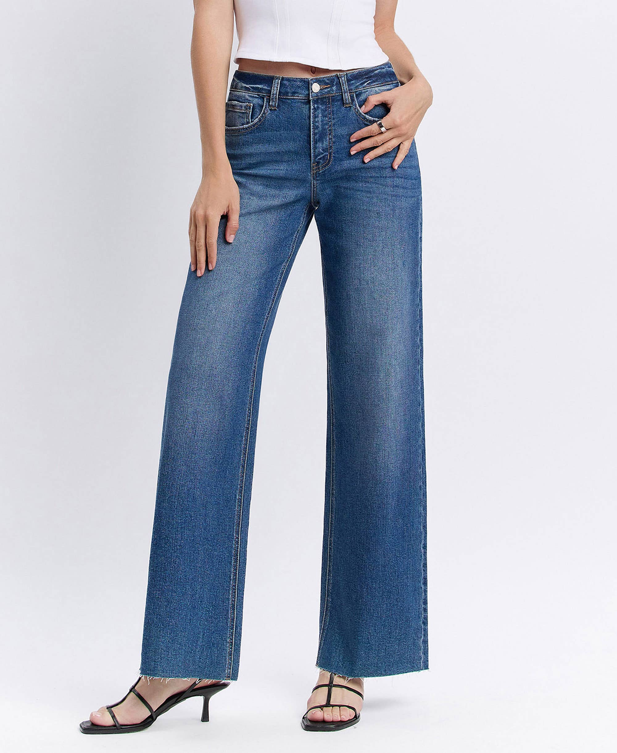 High Rise Clean Cut Raw Hem Jeans